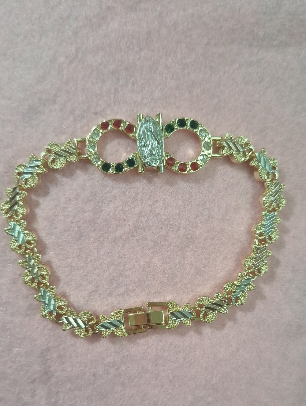 Gold-Tone Floral Link Bracelet with Red & Green Accents